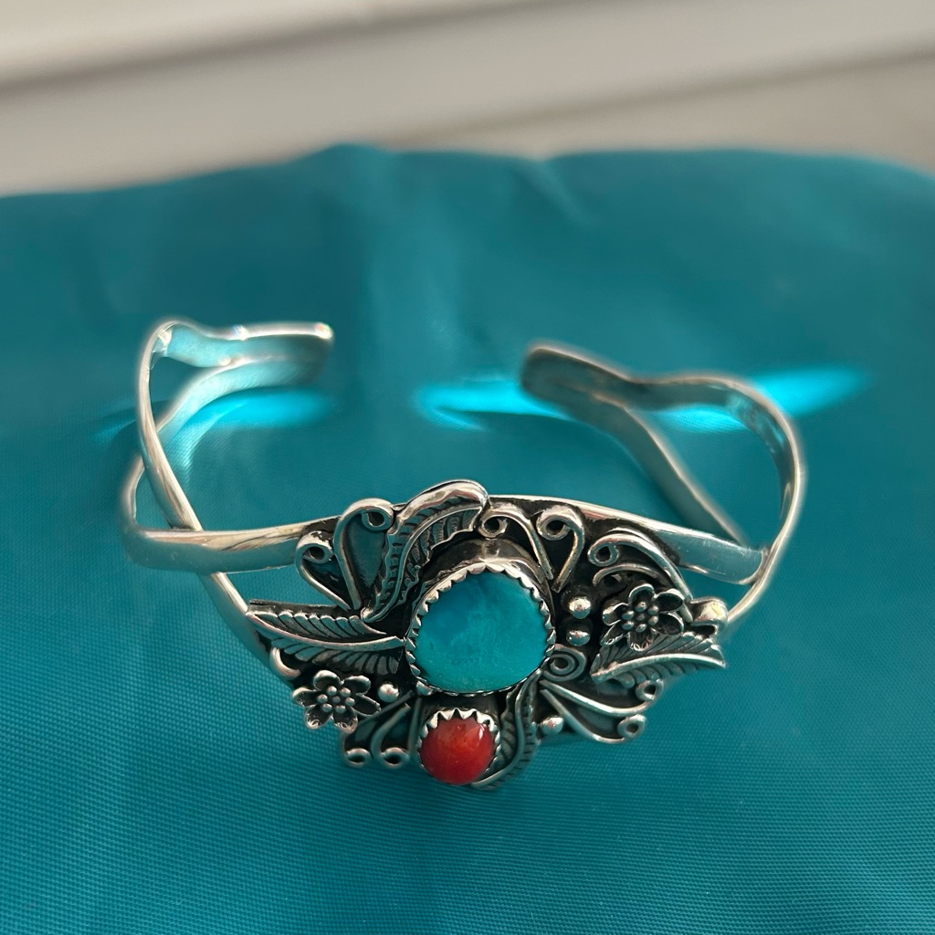 Turquoise And Red Floral Navajo Silver Bracelet